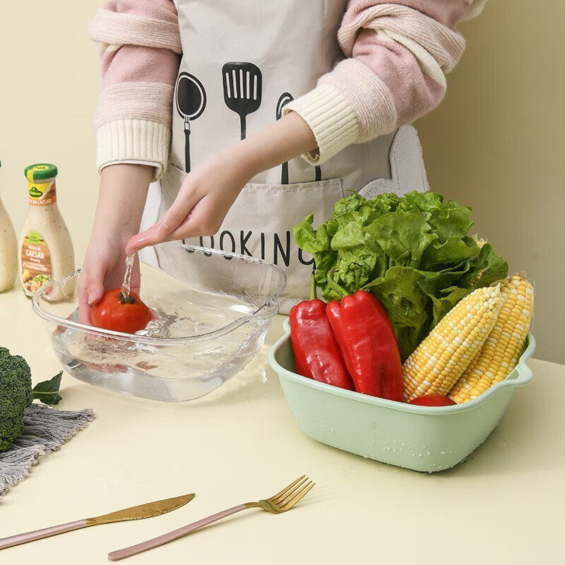 KANGZHIBAN sink plastic drain basket double-layer kitchen drain basket fruit plate vegetable basket thickened rice washing dish small/medium/large 6-piece set green