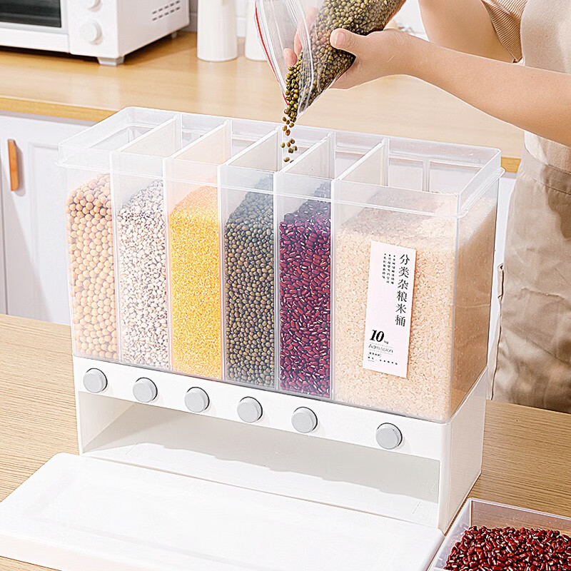 Jingyan Food Grade Grains and Insect-proof Separated Rice Buckets Moisture-proof Classification Storage Box Kitchen Compartment Plastic Sealing Six-Gate Classification Can Hold 20 Jin + Measuring Cup Can Be Wall-mounted or Floor-standing