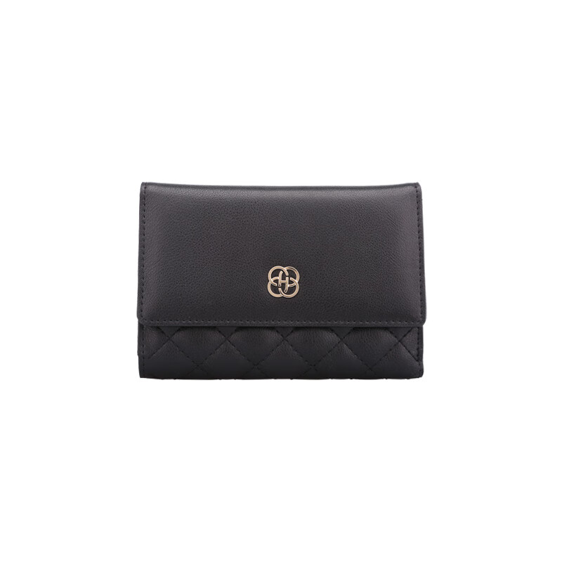 Honggu (HONGU) 2025 New Wallet Women's Fresh Small Fragrance Style Diamond Cowhide Short Wallet Coin Purse Black Short (H10503409)