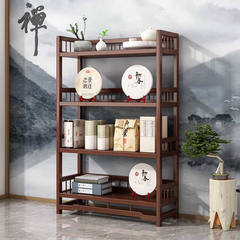 Bamboo Youjia Bogu rack multi-layer tea rack storage rack tea cabinet tea room ornaments display rack new Chinese style Duobao Pavilion tea set rack walnut color three-layer with door with drawer 68 long storage rack