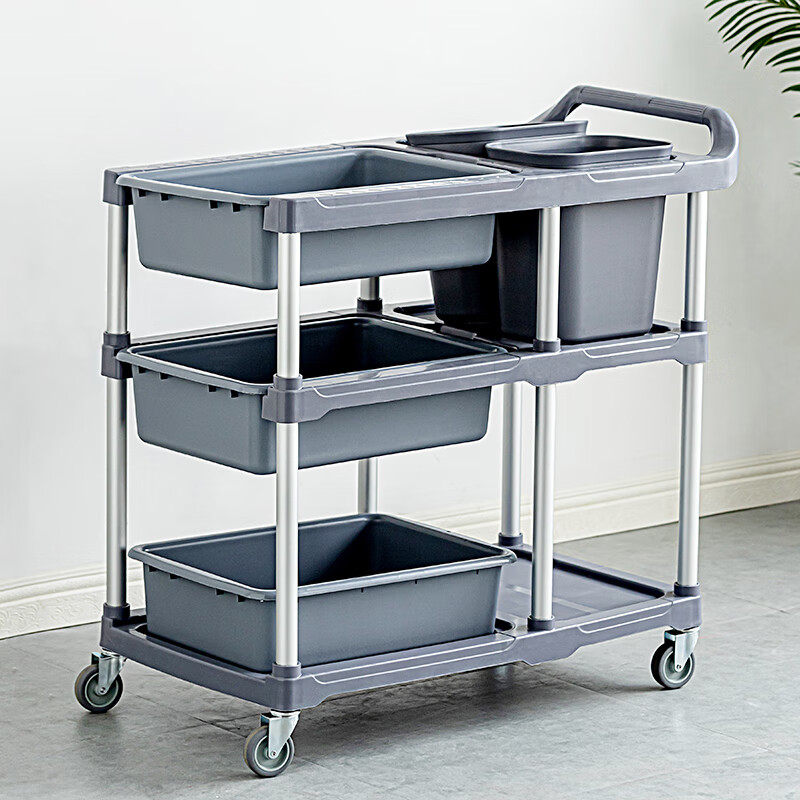 Pusheng hotel dining cart three-story retractable dining cart bowl collection cart with trash can multi-functional plastic restaurant hotel cart WD100 3 basins 2 barrels 96cm*47cm*88cm
