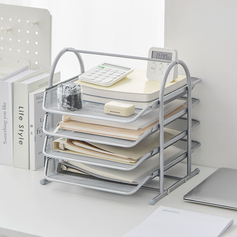 Three-year second shift metal file tray rack multi-layer file tray file column office desktop storage information file iron basket information rack organizer storage rack four-layer silver