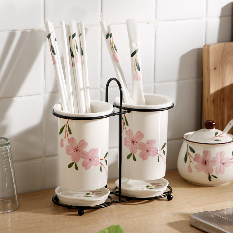 Domeiran Kitchen Ceramic Chopstick Tube Chopstick Basket Drain Household Tableware Storage Box Chopstick Cage Chopstick Basket Spoon Chopstick Box Sakura Double Tube (White Rack) Does Not Include Chopsticks