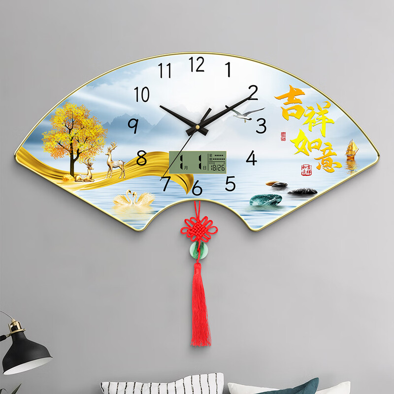 Dilan Living Room Wall Clock New Restaurant Wall Clock No Punch Perpetual Calendar Home Clock Chinese Style Silent Quartz Clock Fulu SXA Medium Size 40*20cm