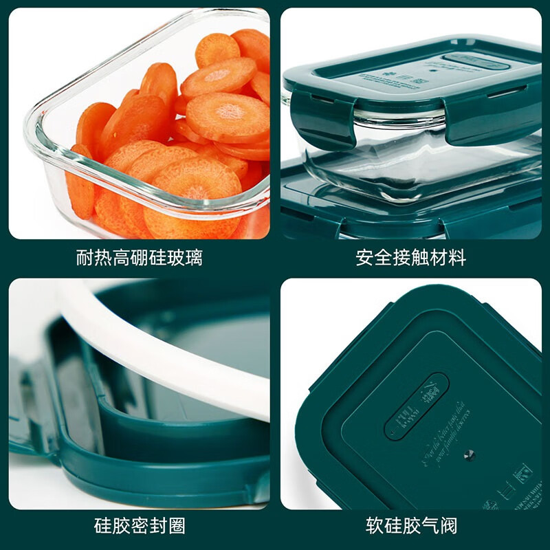 Chuangde heat-resistant glass crisper, microwave lunch box, lunch box for office workers, extra height 3 compartments, 1020+400+ bags+tableware