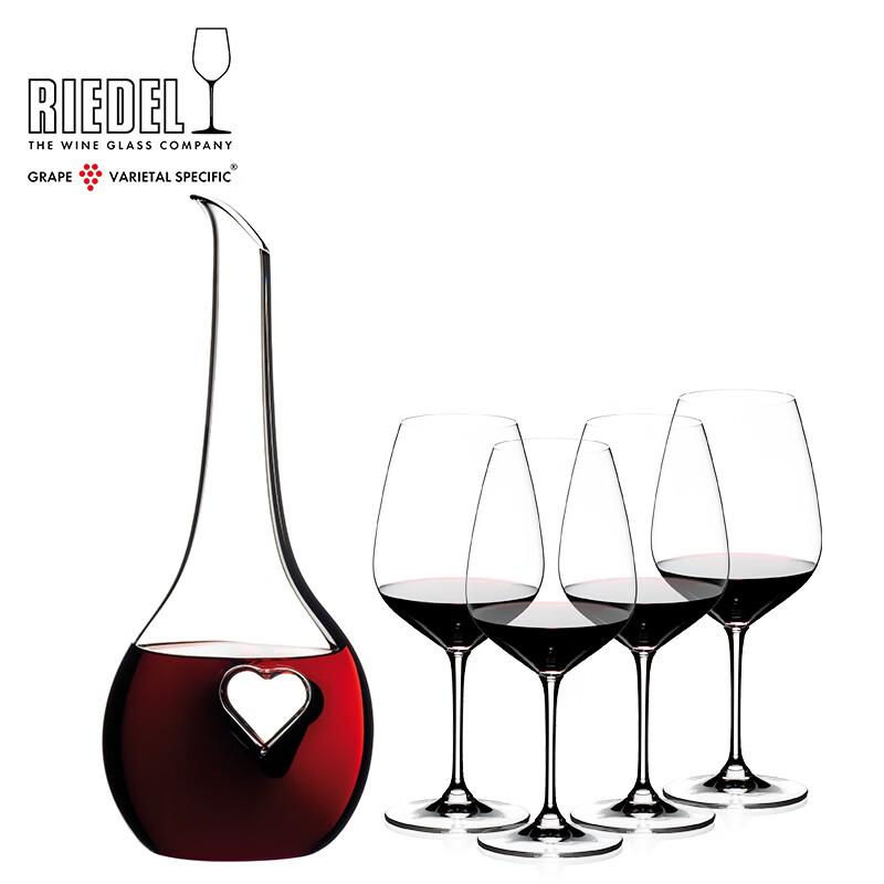 Austrian Black Tie Handmade Blessed Decanter Large Red Wine Glass Goblet Gift Box 5 Pieces Black Tie Heart Shaped Decanter + 4 Cabernet Sauvignon 5 Pieces