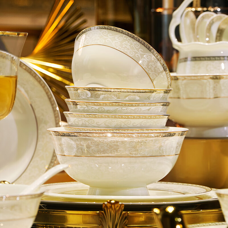 NINE CRANES Jingdezhen tableware set, housewarming gift, ceramic bowl and plate set, household light luxury porcelain bowl and plate set, suitable for microwave oven, 10-person accessory pot, 56-piece set