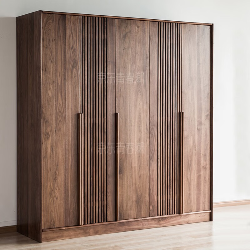 Youthful and trendy black walnut solid wood wardrobe, bedroom wardrobe, five-door wardrobe, new Chinese grille wardrobe, five doors (210*60*220cm)