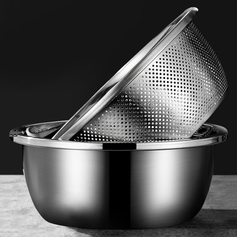 Longzhifan thickened stainless steel rice sieve drain basin dense hole basket washing basin rice washing basin leakage basin round household vegetable washing fruit basket 22cm thickened dense hole leakage basin