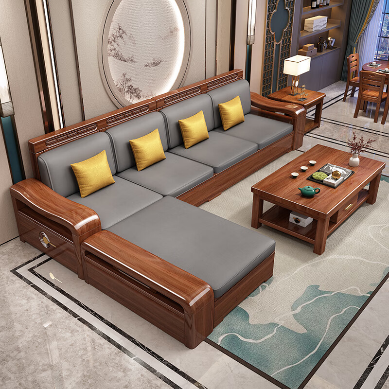 Mai Yayue Sofa Walnut Solid Wood Sofa New Chinese Style Living Room Size Winter and Summer Corner Storage Furniture Four Seats + Imperial Concubine + Coffee Table 8 Sets Ordinary Sponge Cushions