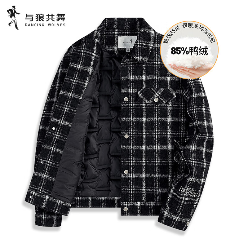 Dances with Wolves Down Liner Autumn and Winter Small Fragrance Style Lapel Plaid Down Jacket Warm Jacket 001 Black 180