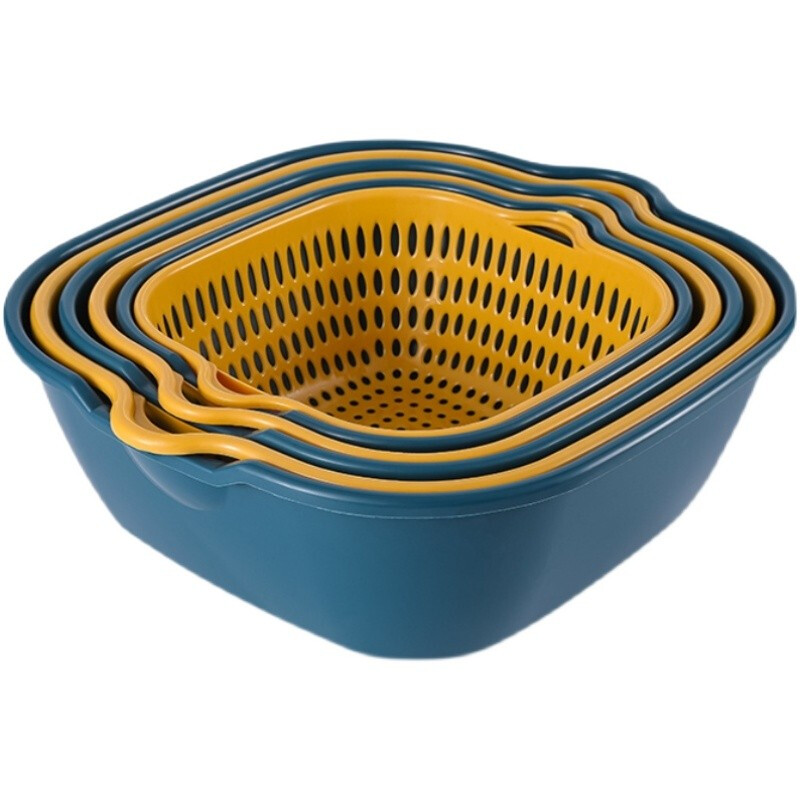 Bobenjia Double-layered Sink Drain Basket Kitchen Fruit Plate Six-piece Set Living Room Tea and Household Vegetable Basket - Blue and Yellow Small + Medium + Large