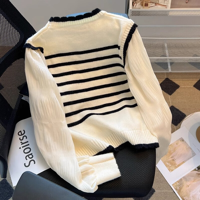 Yu Zhaolin French fake two-piece sweater for women spring autumn winter 2025 new women's contrast shirt striped puff sleeve sweater