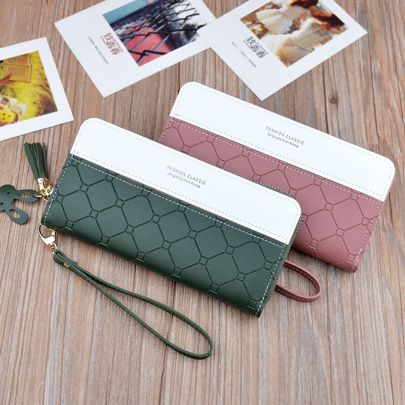 Yizhuchun 2024 new wallet women's long zipper tassel mobile phone bag contrasting color large capacity coin wallet bag a pink