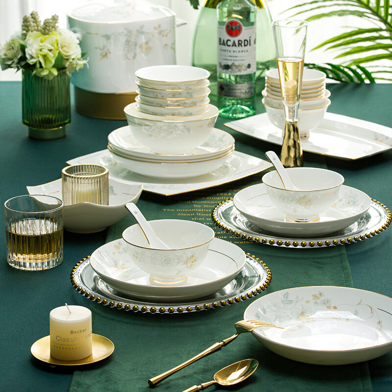 Jingci Jingdezhen Light Luxury Bone China Tableware Set Chopsticks, Plate, Bowls, High-end Hotel Housewarming and Wedding Gift, Madam | Food for 6 | 38-piece Set
