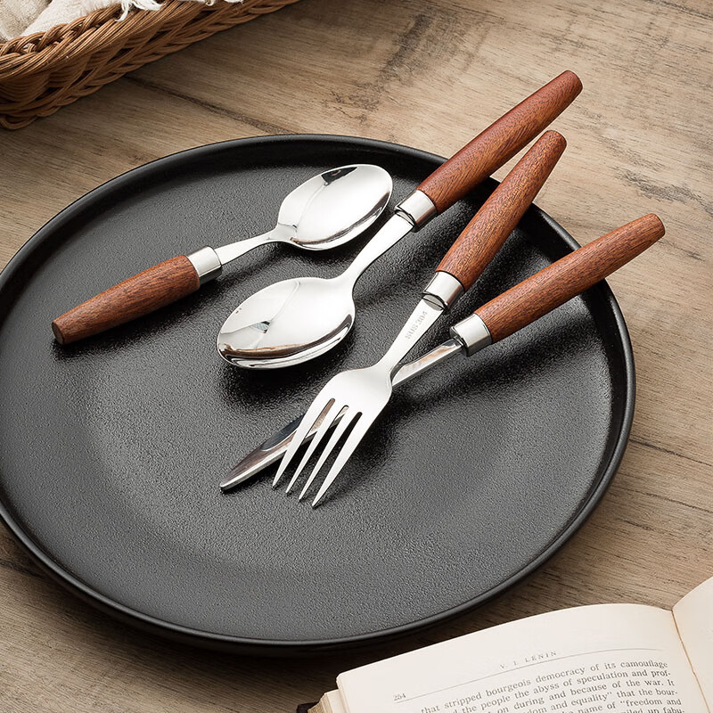 Aoki Shangci Japanese retro solid wood steak cutlery 4-piece set of knives, forks and spoons 304 stainless steel cake knives and forks two-piece set high-end two-piece knife and fork set