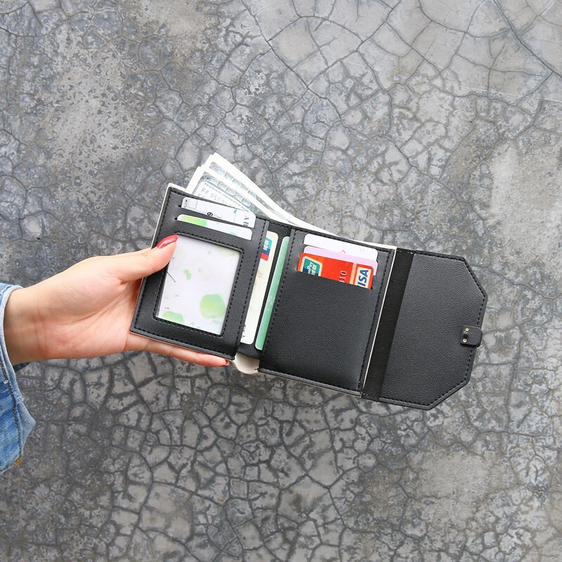 SHU GUO ER New Korean Style Small Wallet Women's Short Folding Simple Fashion Women's Card Holder Black #C423