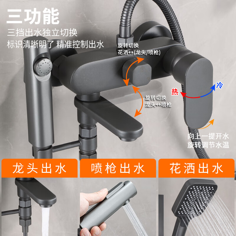 Tipai Gun Gray Bathroom Shower Set Rain Sprinkler Bathroom Hot and Cold Full Copper Mixing Valve Bathtub Faucet Black C Style (Square Sprinkler)