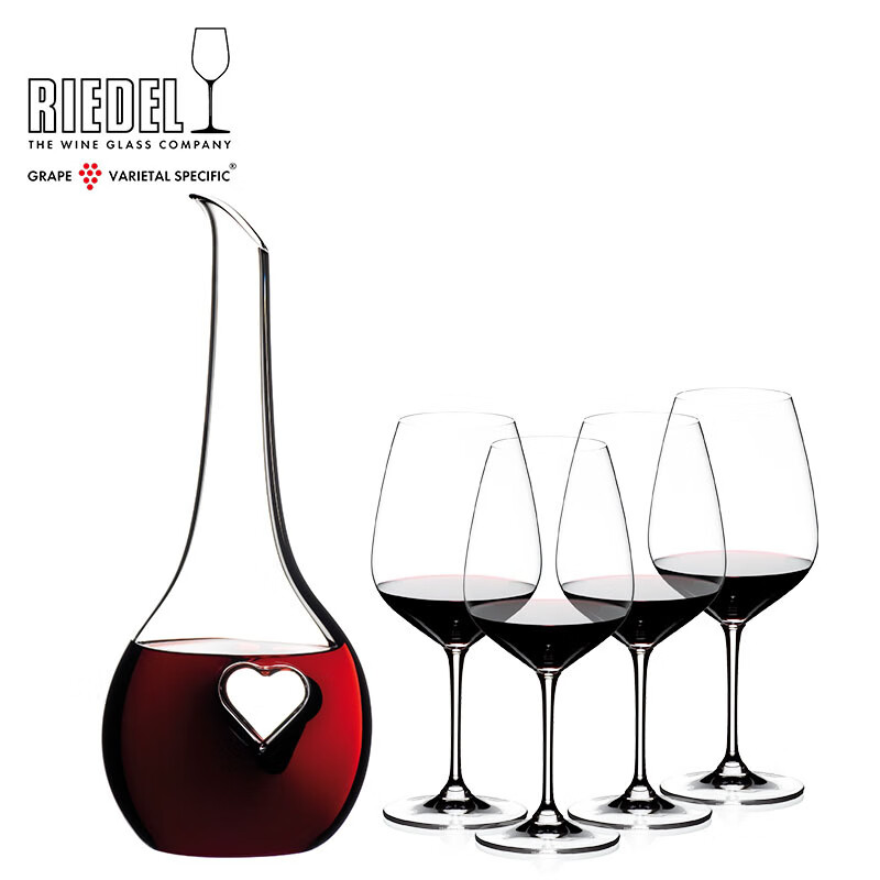 Austrian Black Tie Handmade Blessed Decanter Large Red Wine Glass Goblet Gift Box 5 Pieces Black Tie Heart Shaped Decanter + 4 Cabernet Sauvignon 5 Pieces