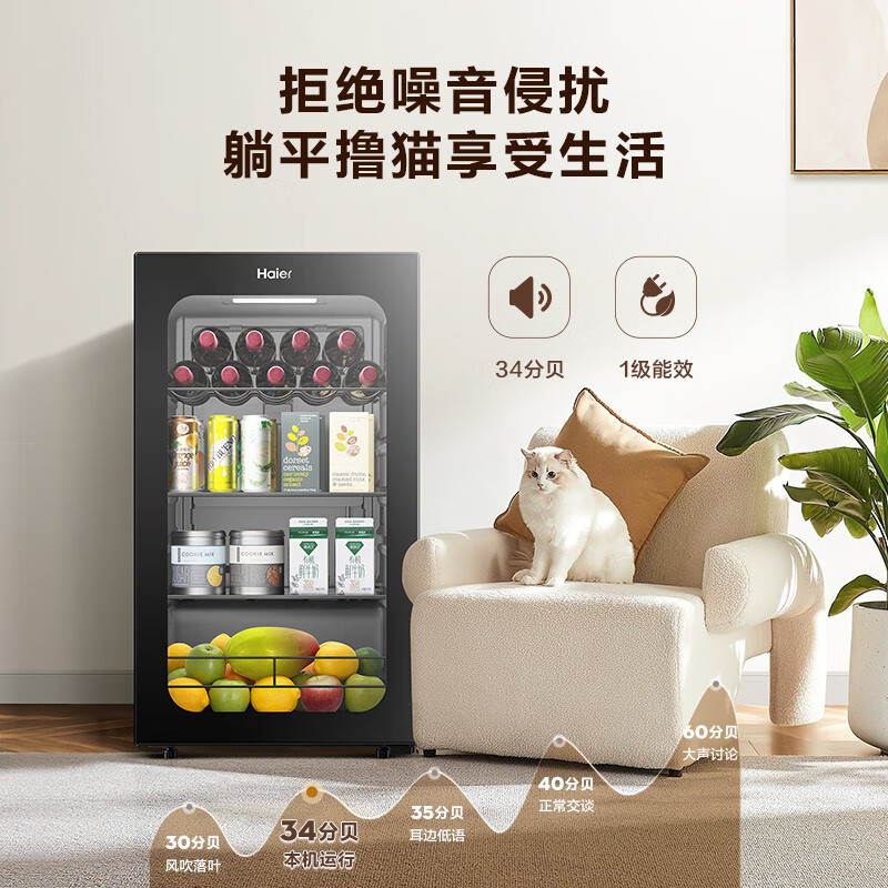 Haier 92L Ice Bar Home Fruit and Vegetable Refrigerator Fresh Cabinet Office Living Room Mini Refrigerator Upright Small Freezer First-Class Energy Efficiency Antibacterial Deodorization DS092LHESD1