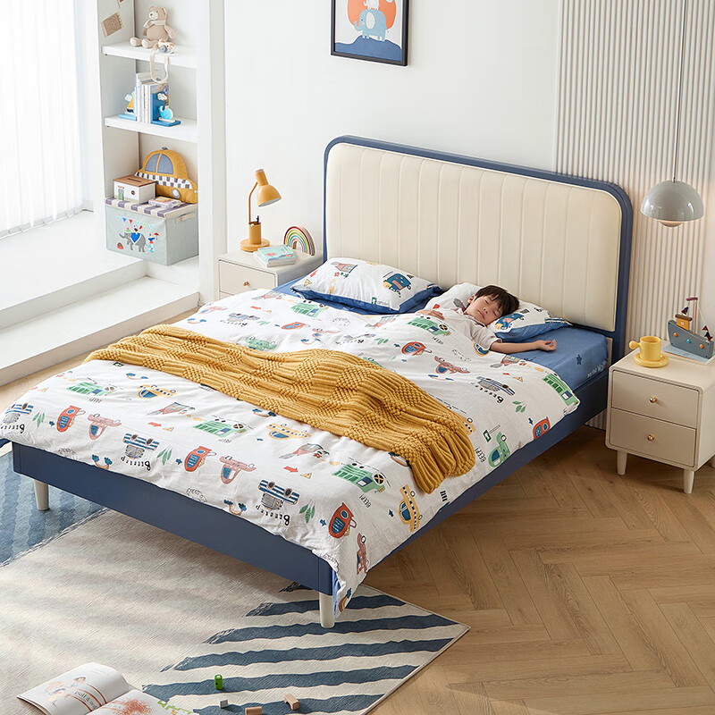 Lin's Home Simple Children's Bed Boy's Bedroom Furniture LH103 Blue + White A Ordinary Bed + Mattress, 1.5m*2m