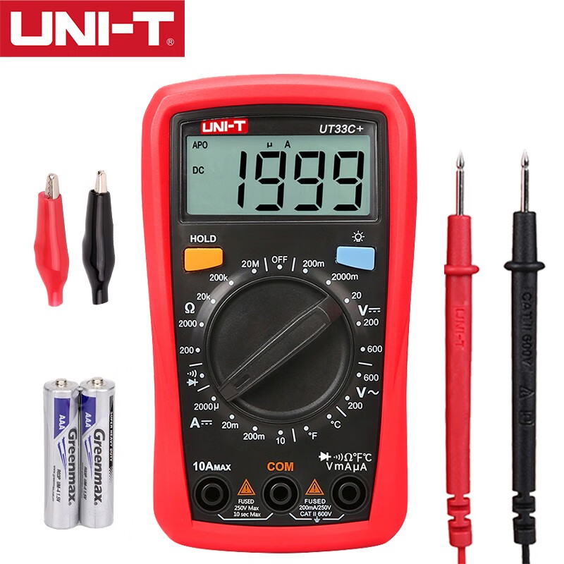 UNI-T digital multimeter high-precision multi-functional intelligent anti-burn multimeter electrician dedicated small household voltage and current UT33C+ plus spare alligator clips and battery