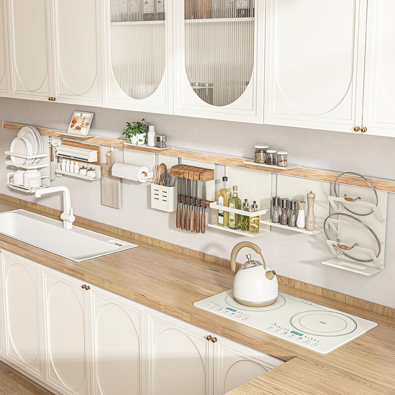 Kaiying kitchen rack seasoning utensil storage knife holder wall-mounted punch-free space aluminum wall multi-functional hook hanger guardrail storage rack needs to be used with a cross bar