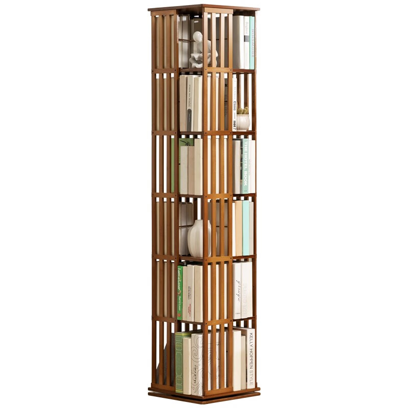 Trojan rotating bookshelf floor-standing integrated storage shelf children's bookcase storage cabinet simple storage display cabinet ancient shelf healthy pure bamboo brown-six layers