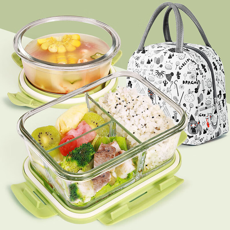 Demas heat-resistant glass crisper, microwave lunch box, lunch box for office workers, Nordic green 3 compartments 1020+400+ pack