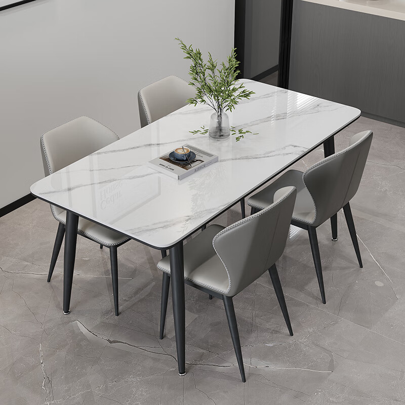 Romantic element full base natural slate dining table bright pure white home small apartment minimalist light luxury family dining table table four chairs (solid wood fiber full base) 130cm *80cm*75cm