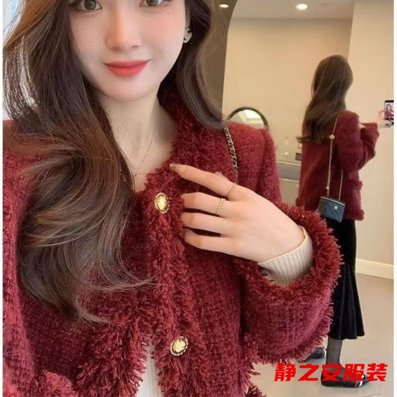 Ma Feixuan French style red small fragrant coat for women in autumn and winter new style ladylike short tweed top burgundy - autumn and winter coat for women with velvet S - autumn and winter coat for women with velvet