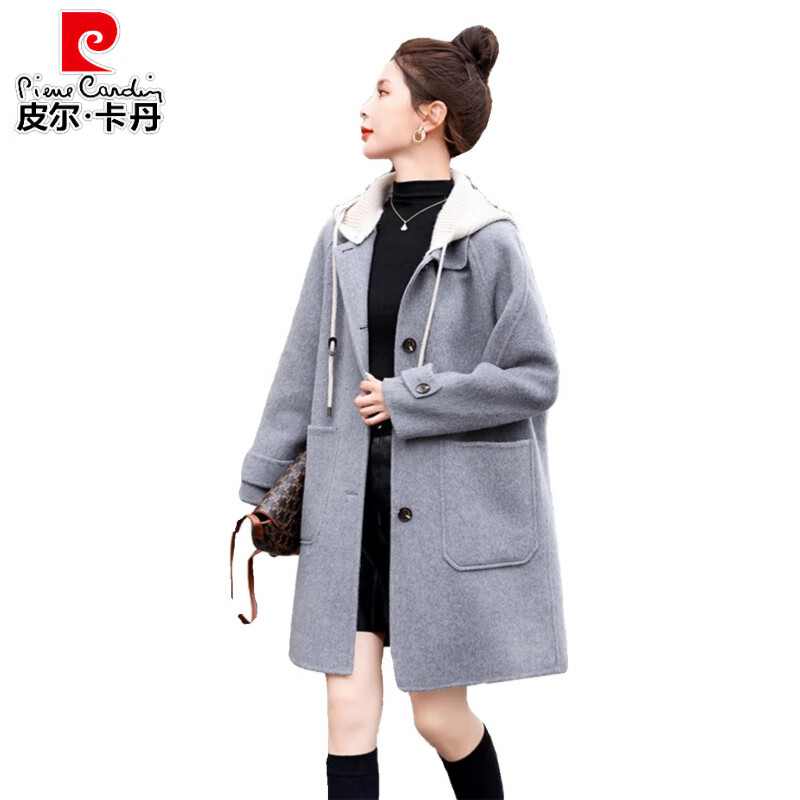 Pierre Cardin 2025 Autumn and Winter Small Casual Hooded Double-sided Cashmere Coat Women's Mid-Length Korean Style Premium Feeling Wool Jacket Gray (Padding) M (Recommended 95-105 catties)