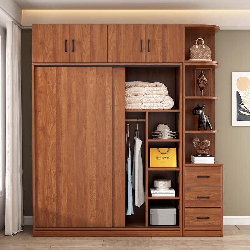 Shengchun package installation new Chinese style wardrobe sliding door bedroom simple wooden wardrobe large wardrobe three doors 1.8m main cabinet + top cabinet + side cabinet