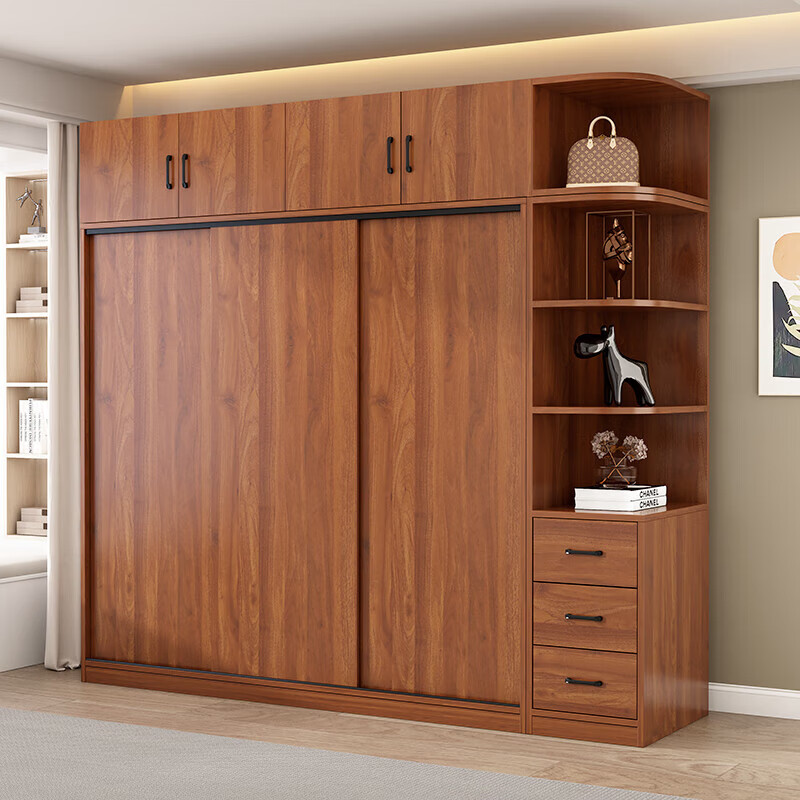 Shengchun package installation new Chinese style wardrobe sliding door bedroom simple wooden wardrobe large wardrobe three doors 1.8m main cabinet + top cabinet + side cabinet