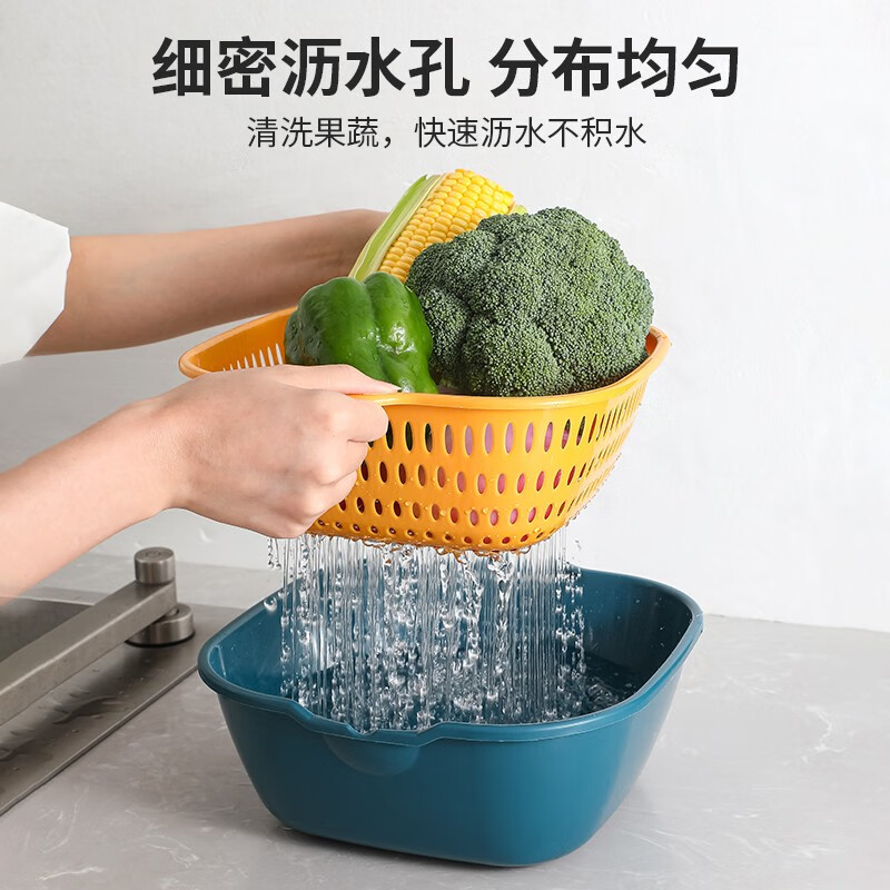 Bobenjia Double-layered Sink Drain Basket Kitchen Fruit Plate Six-piece Set Living Room Tea and Household Vegetable Basket - Blue and Yellow Small + Medium + Large