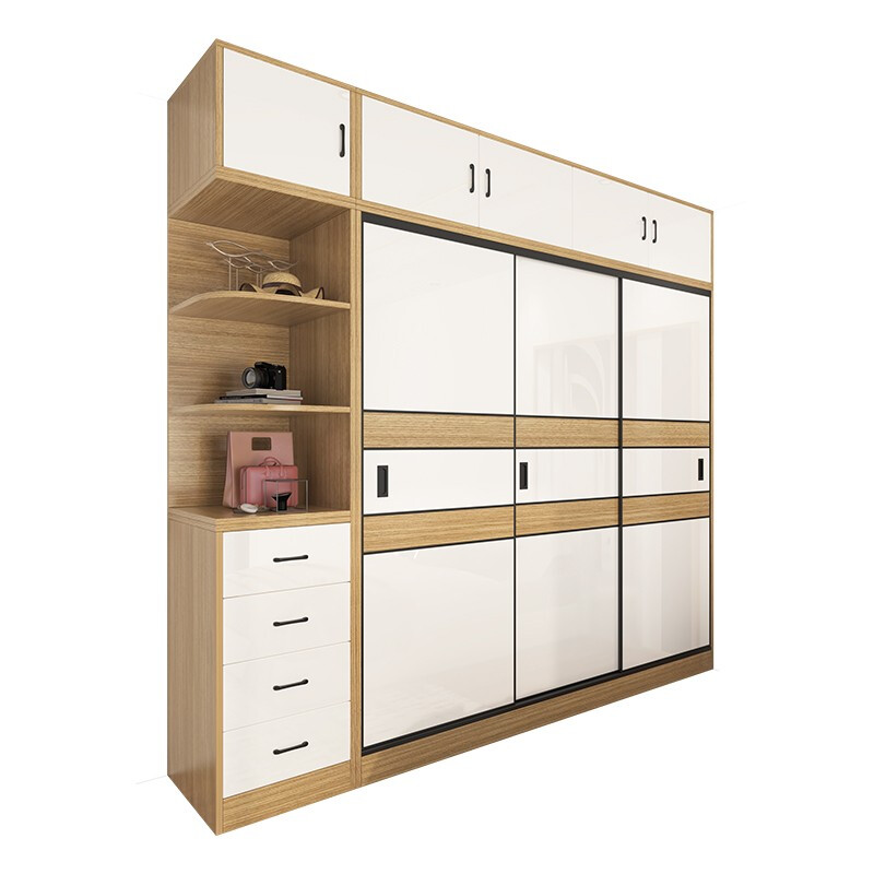 Bai Qian free installation wardrobe sliding door simple cabinet home bedroom storage storage wardrobe large capacity wardrobe white + black walnut color 200 long three-door main cabinet + top cabinet + side cabinet