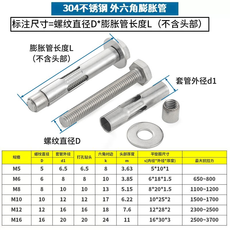 Jinggong (JINGGONG) 304 stainless steel external hexagonal expansion screws, internal expansion bolts, flat head external hexagonal expansion bolts, 30% off M8*60 (10 pieces), punch 10mm