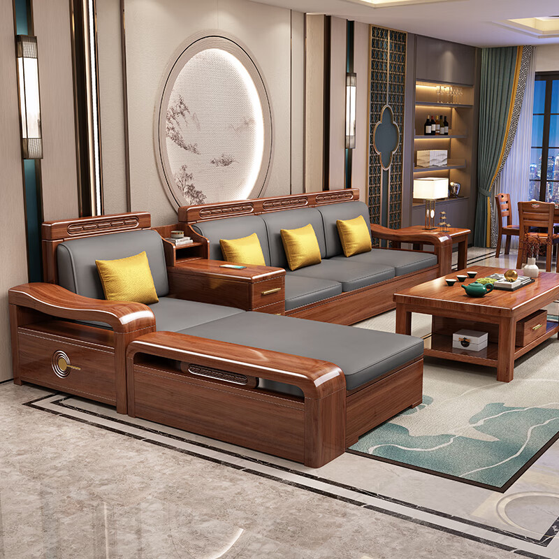 Mai Yayue Sofa Walnut Solid Wood Sofa New Chinese Style Living Room Size Winter and Summer Corner Storage Furniture Four Seats + Imperial Concubine + Coffee Table 8 Sets Ordinary Sponge Cushions