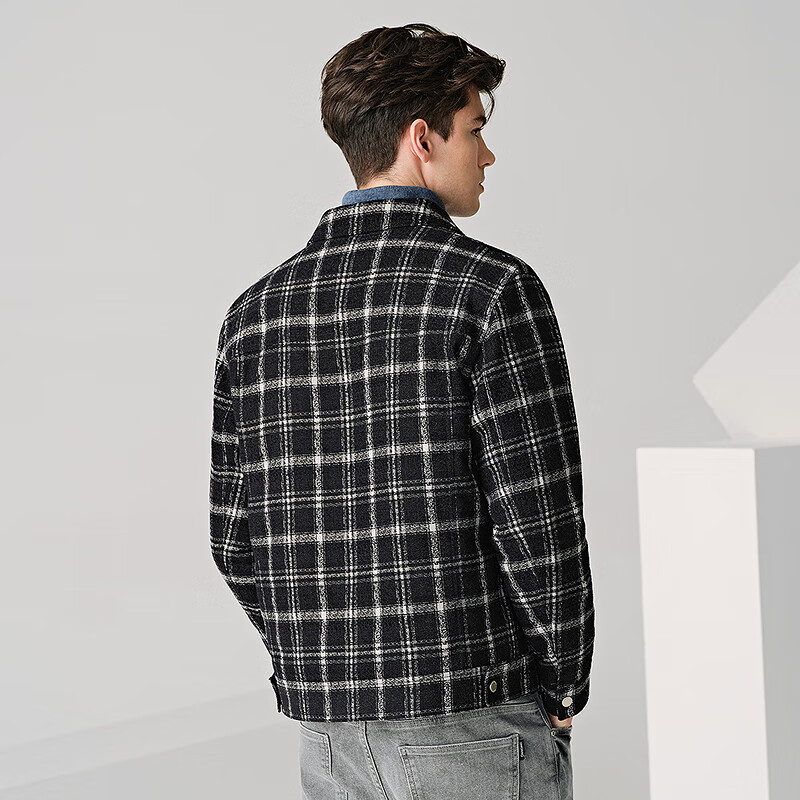 Dances with Wolves Down Liner Autumn and Winter Small Fragrance Style Lapel Plaid Down Jacket Warm Jacket 001 Black 180