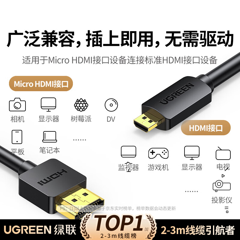 Green Alliance Micro HDMI to HDMI2.0 Adapter Cable 4K60Hz Conversion Cable Laptop Tablet Camera Portable Screen Connected Monitor Projector TV 1 Meter 30148