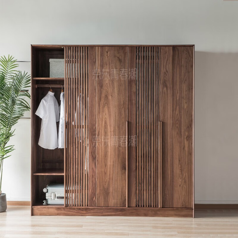 Youthful and trendy black walnut solid wood wardrobe, bedroom wardrobe, five-door wardrobe, new Chinese grille wardrobe, five doors (210*60*220cm)