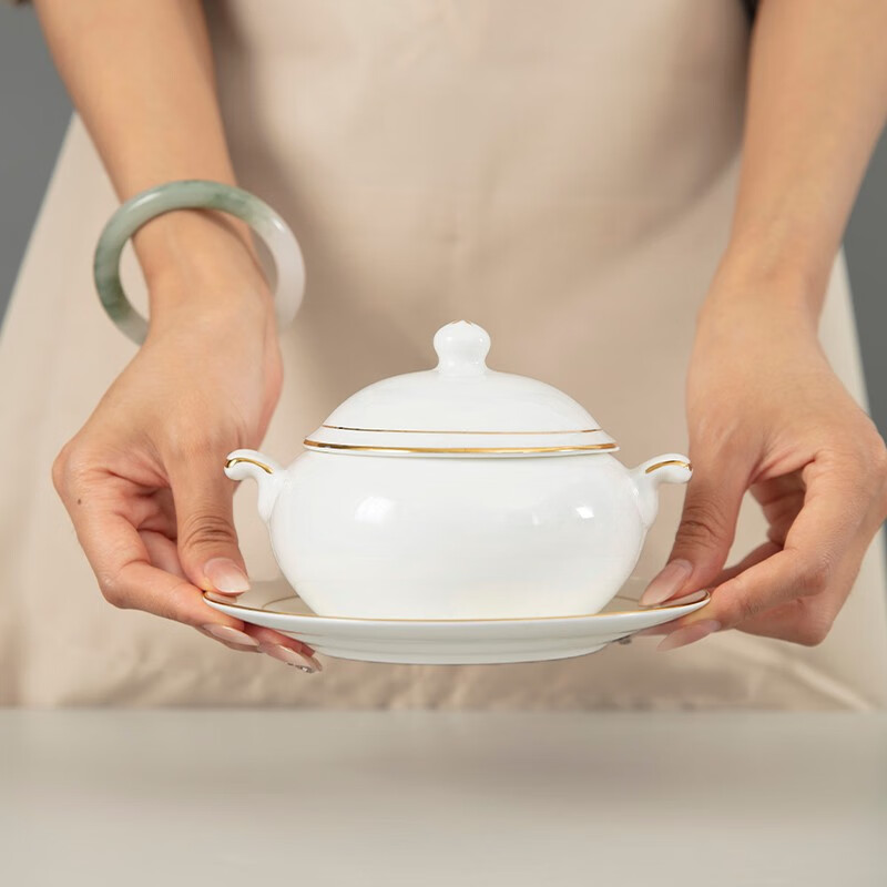 Guotao bone china beauty shop health porridge bowl small stew cup dessert bowl bird's nest bowl soup bowl with lid ceramic Buddha jumping over the wall soup cup gold-rimmed shark fin stew cup + plate + spoon (310 ml)