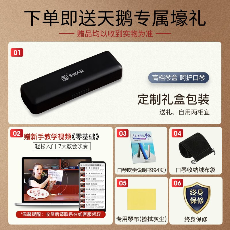 Swan (SWAN) 24-hole polyphonic harmonica phoneme marking professional performance teaching recommended harmonica C key black