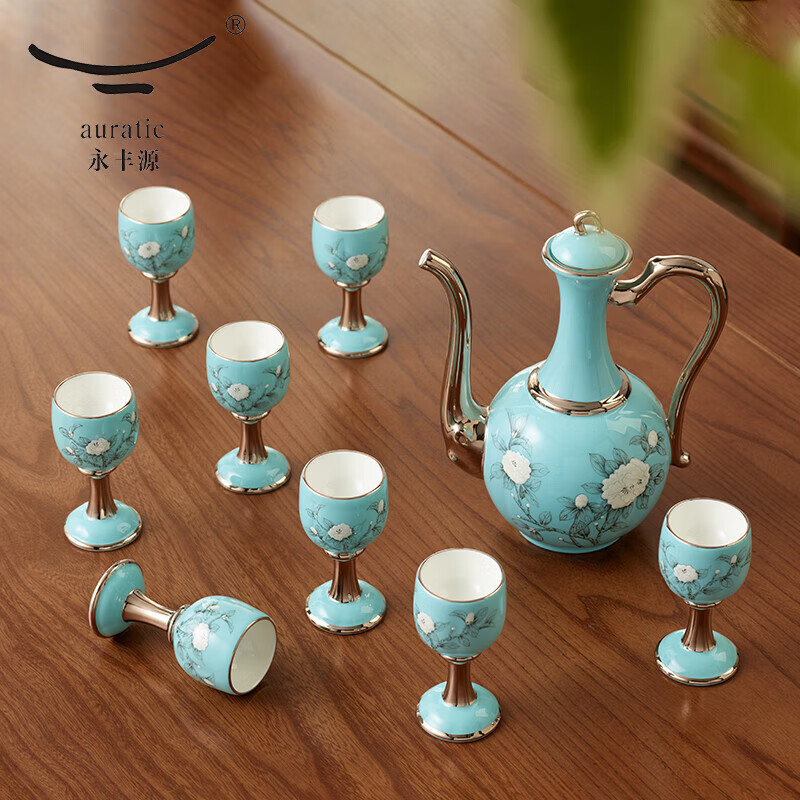 Yongfengyuan Yongfengyuan hand-painted blue 10-head wine set ceramic flask and wine glass set luxury high-end gift