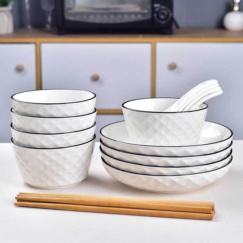 Sujiang Sujiang ceramic rice bowl household soup bowl noodle bowl tableware set underglaze color stroke tableware eating rice breakfast bowl rose 16-piece set (4 bowls 4 plates 4 spoons 4 chopsticks)