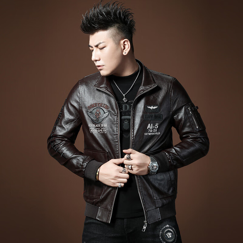 AOSHENGTE high-end lapel leather jacket men's autumn and winter fit-fitting winter thickened warm windproof motorcycle leather jacket men's HZ4033-2021# brown thickened cotton XL