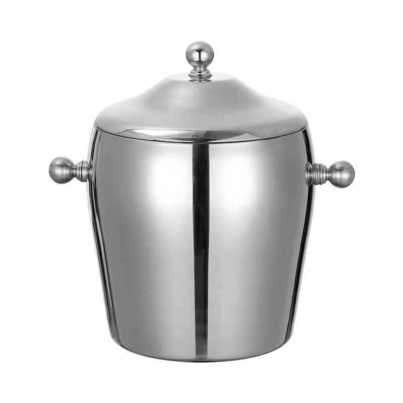 Wuji Stainless Steel Double-layer Ice Bucket Portable Covered Cold Ice Bucket Bar KTV Beer Red Wine Champagne Ice Cube Bucket 1.2L Portable Drum Ice Bucket (Bright Light)