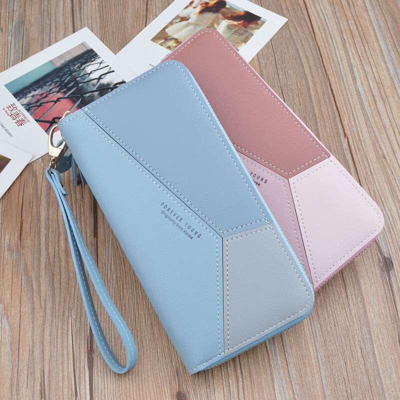 Yizhuchun 2024 new wallet women's long zipper tassel mobile phone bag contrasting color large capacity coin wallet bag a pink