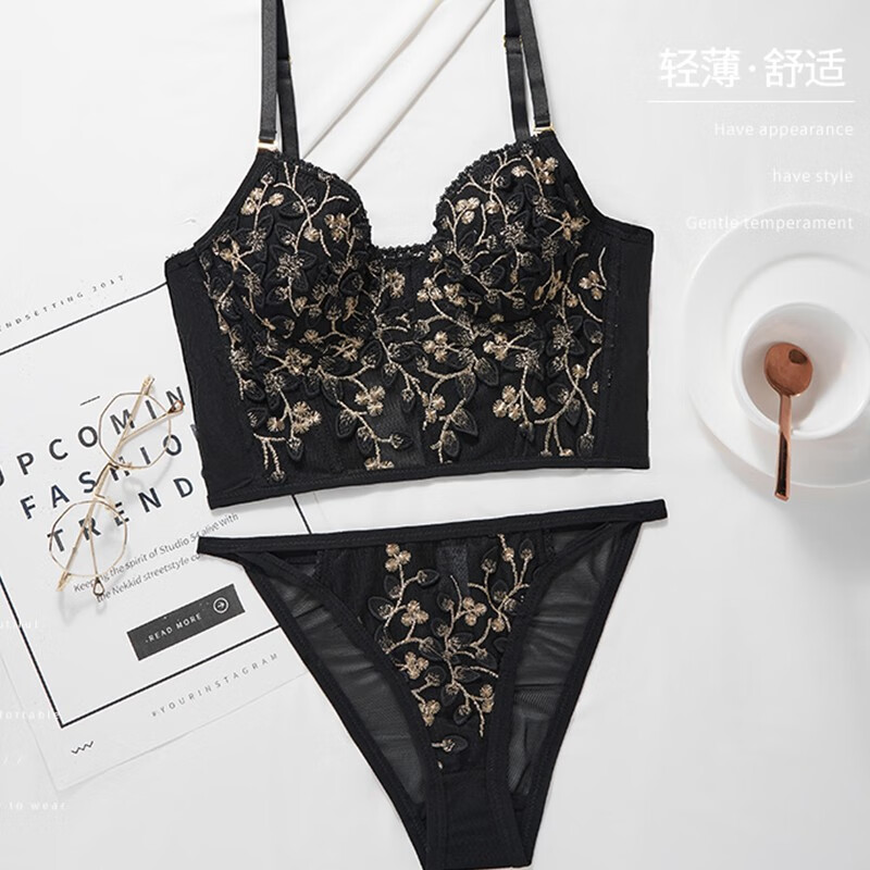 Glambody Heavy Embroidery Beautiful Back Bra Women's Small Breast Gathering Summer Thin Sexy Vest Style Wearable Bra Set 682258 Black Set M (Suitable for 70C-75AB)