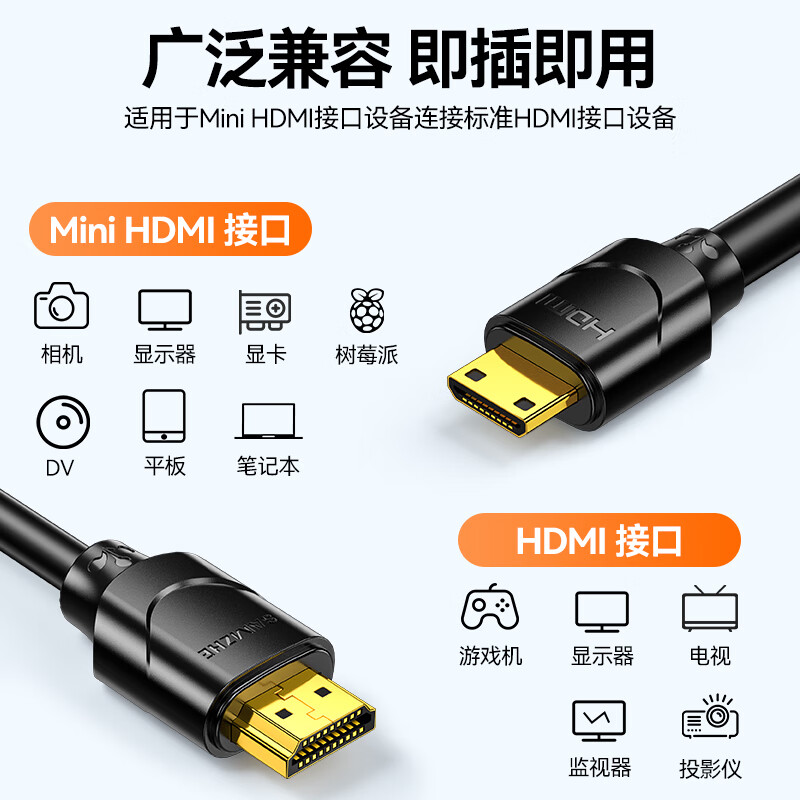 Shanze Mini HDMI to HDMI2.0 conversion cable mini high-definition cable 4K60Hz camera tablet portable screen connected to computer monitor TV projector 1.5 meters 13MN9